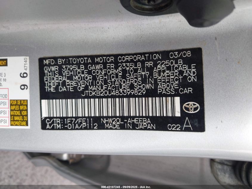 2008 Toyota Prius Touring VIN: JTDKB20U483399829 Lot: 43187245