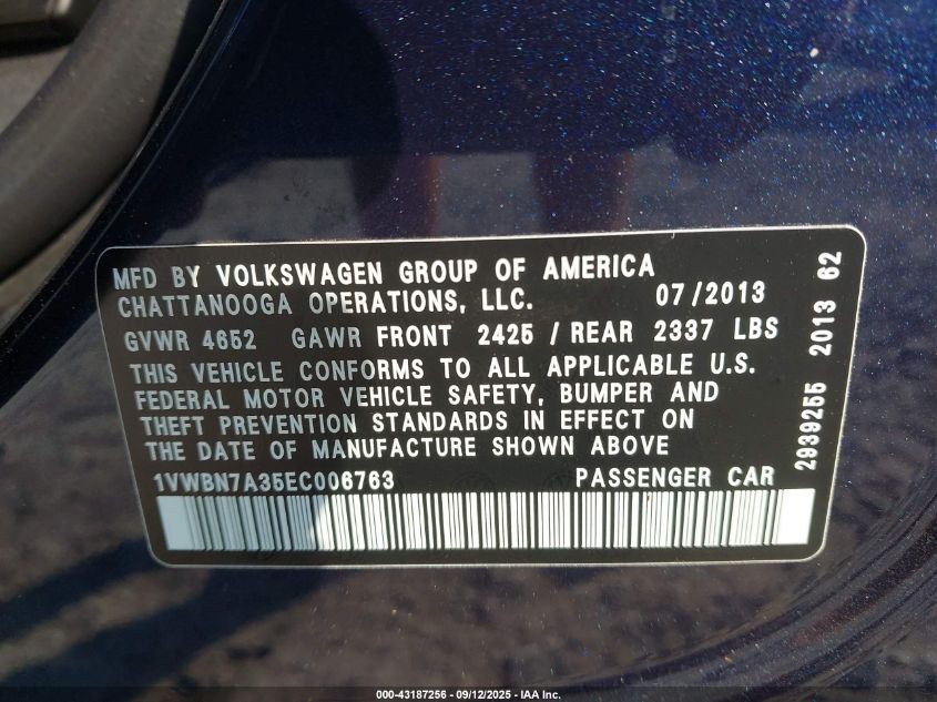 2014 Volkswagen Passat 2.0L Tdi Se VIN: 1VWBN7A35EC006763 Lot: 43187256