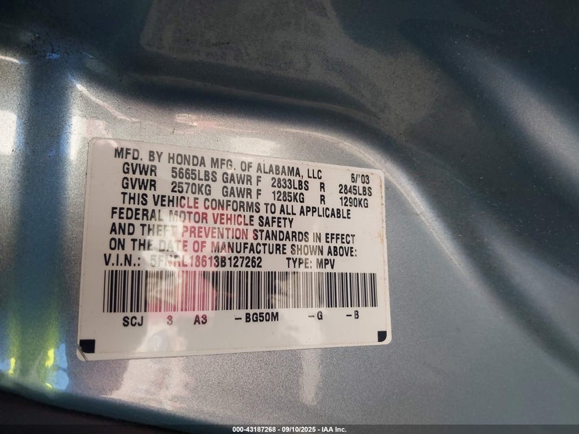 2003 Honda Odyssey Ex VIN: 5FNRL18613B127262 Lot: 43187268