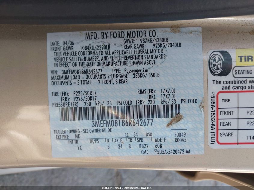 2006 Mercury Milan V6 Premier VIN: 3MEFM08186R642677 Lot: 43187274