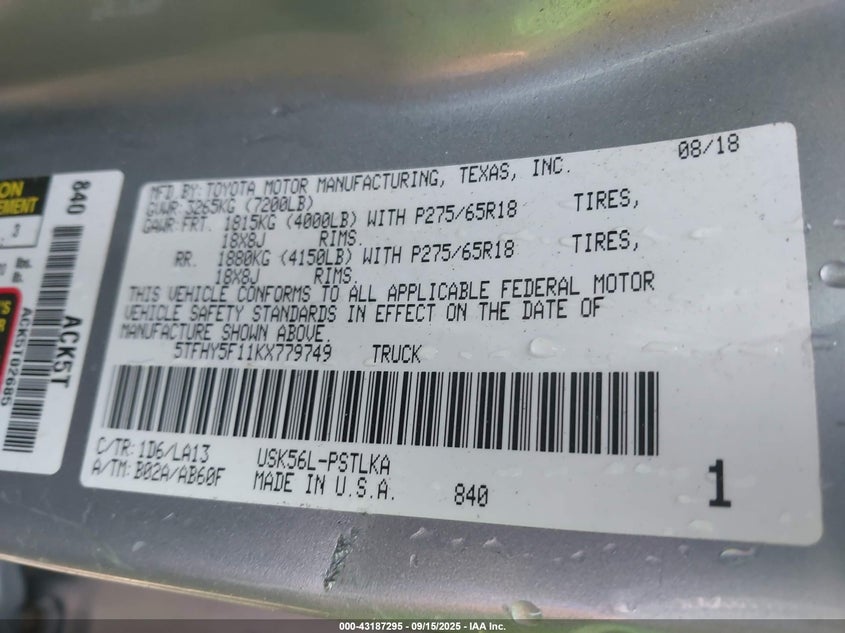 2019 TOYOTA TUNDRA LIMITED 5.7L V8 - 5TFHY5F11KX779749