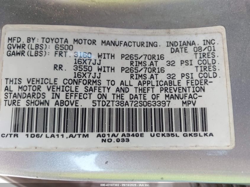 2002 Toyota Sequoia Limited V8 VIN: 5TDZT38A72S063397 Lot: 43187302