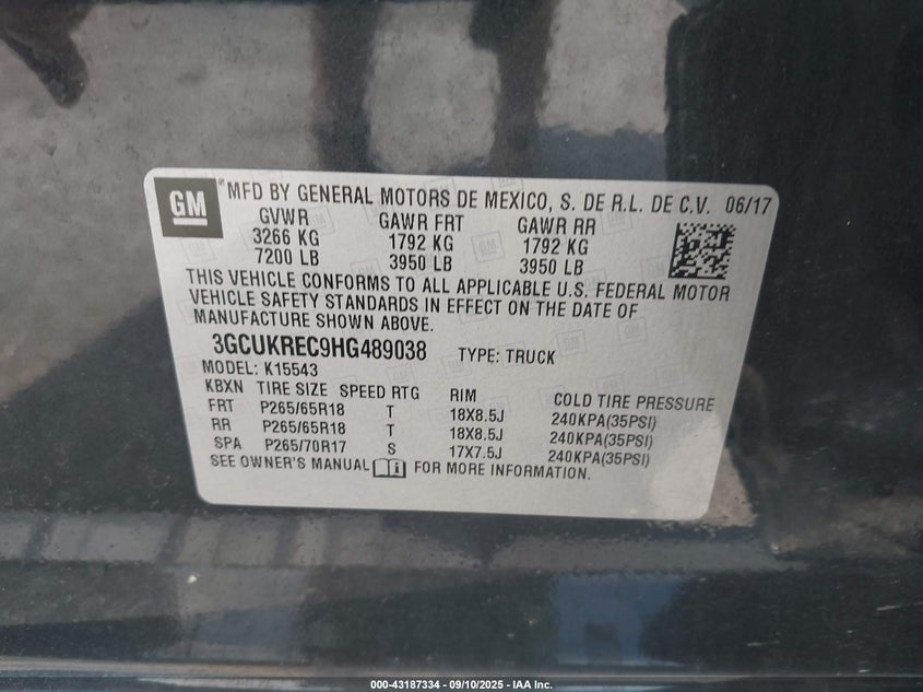 2017 Chevrolet Silverado 1500 2Lt VIN: 3GCUKREC9HG489038 Lot: 43187334