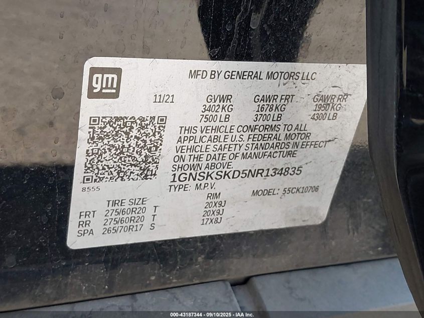 2022 Chevrolet Tahoe 4Wd Premier VIN: 1GNSKSKD5NR134835 Lot: 43187344