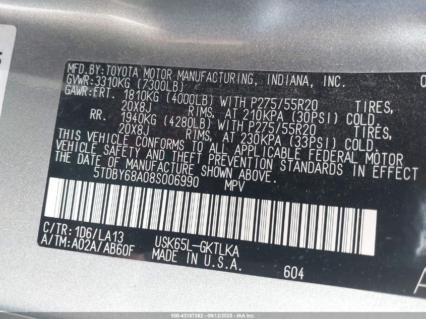 2008 Toyota Sequoia Limited 5.7L V8 VIN: 5TDBY68A08S006990 Lot: 43187362