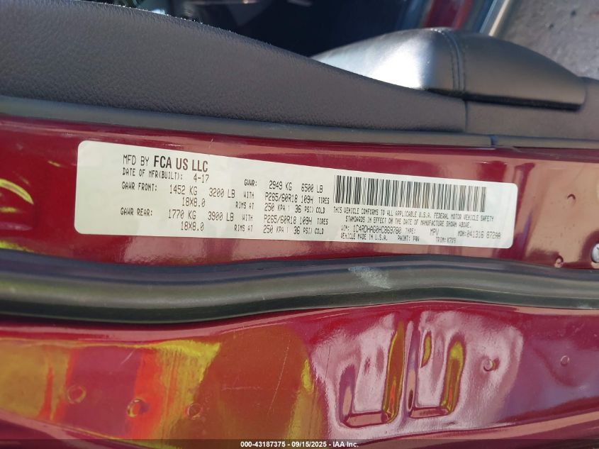 2017 Dodge Durango Sxt Rwd VIN: 1C4RDHAG0HC869780 Lot: 43187375