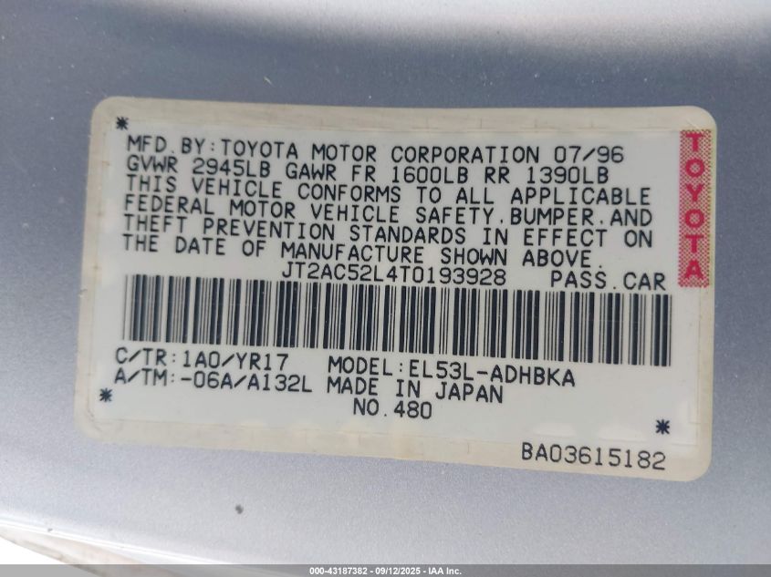 1996 Toyota Tercel Std/Dx VIN: JT2AC52L4T0193928 Lot: 43187382