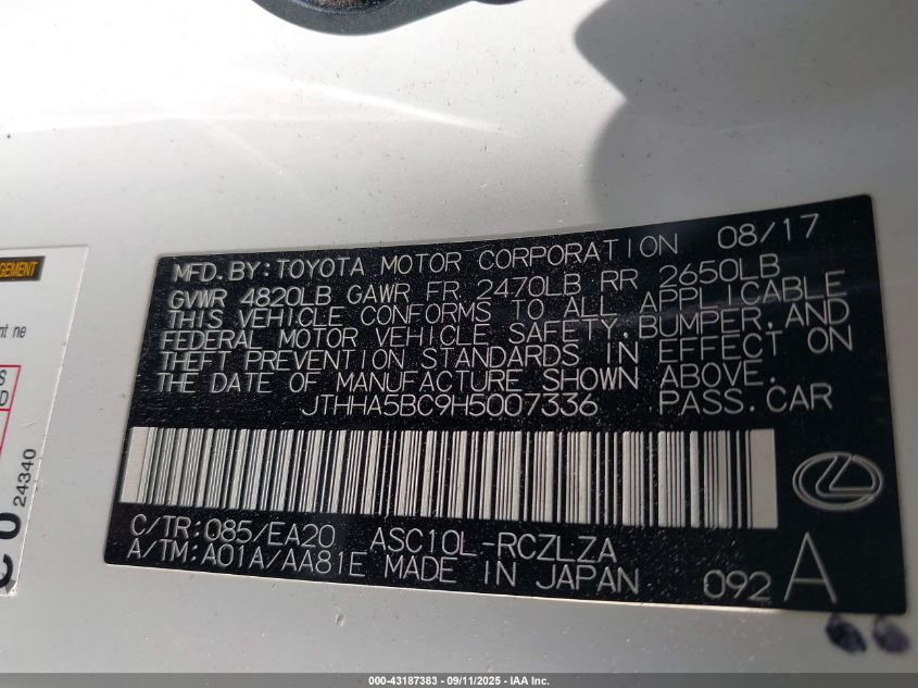 2017 Lexus Rc 200T VIN: JTHHA5BC9H5007336 Lot: 43187383