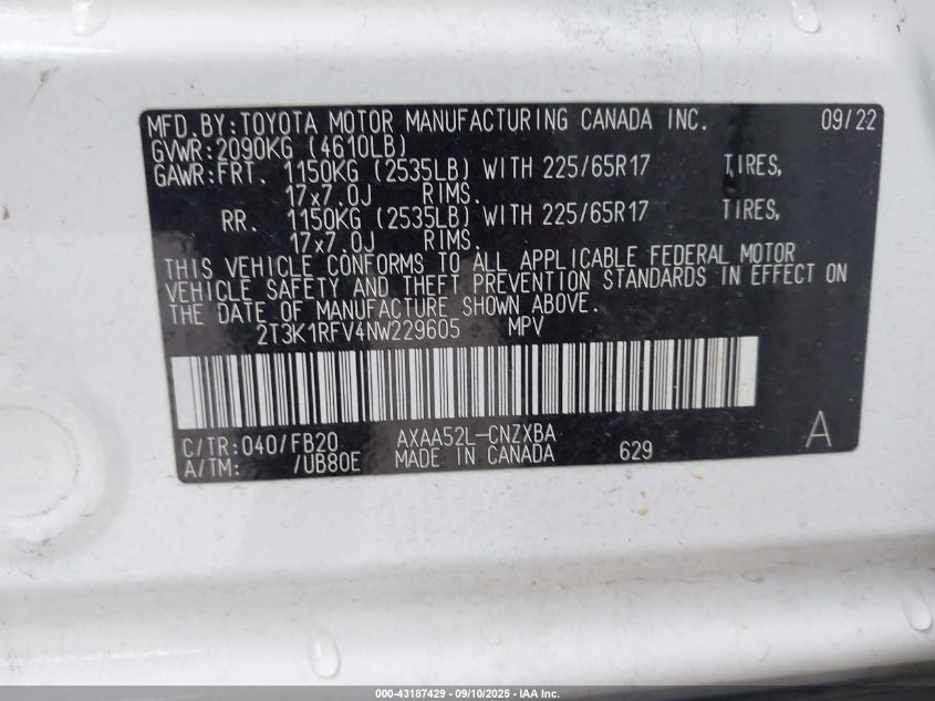 2022 Toyota Rav4 Le VIN: 2T3K1RFV4NW229605 Lot: 43187429