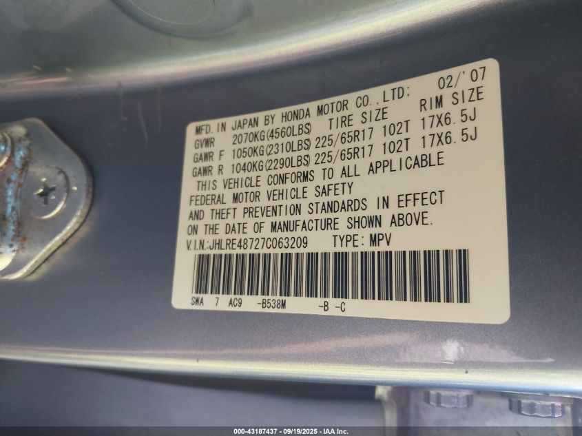 2007 Honda Cr-V Ex-L VIN: JHLRE48727C063209 Lot: 43187437