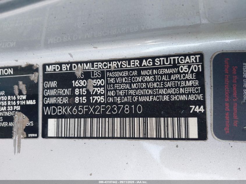 2002 Mercedes-Benz Slk 320 VIN: WDBKK65FX2F237810 Lot: 43187442