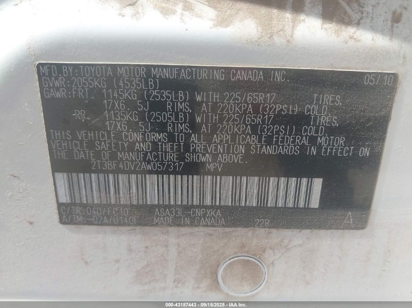 2010 Toyota Rav4 VIN: 2T3BF4DV2AW057317 Lot: 43187443