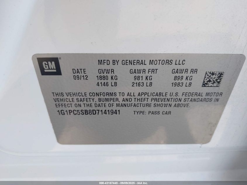 2013 Chevrolet Cruze 1Lt Auto VIN: 1G1PC5SB8D7141941 Lot: 43187445