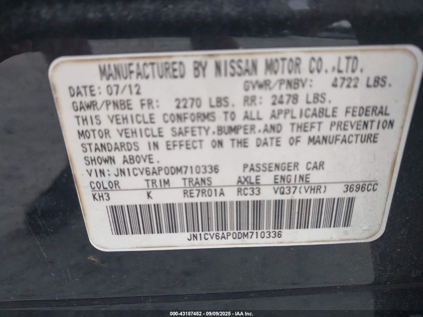 2013 Infiniti G37 Journey VIN: JN1CV6AP0DM710336 Lot: 43187452