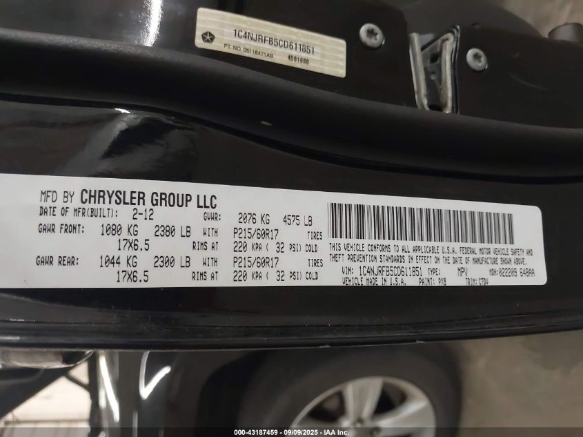 2012 Jeep Patriot Latitude VIN: 1C4NJRFB5CD611851 Lot: 43187459