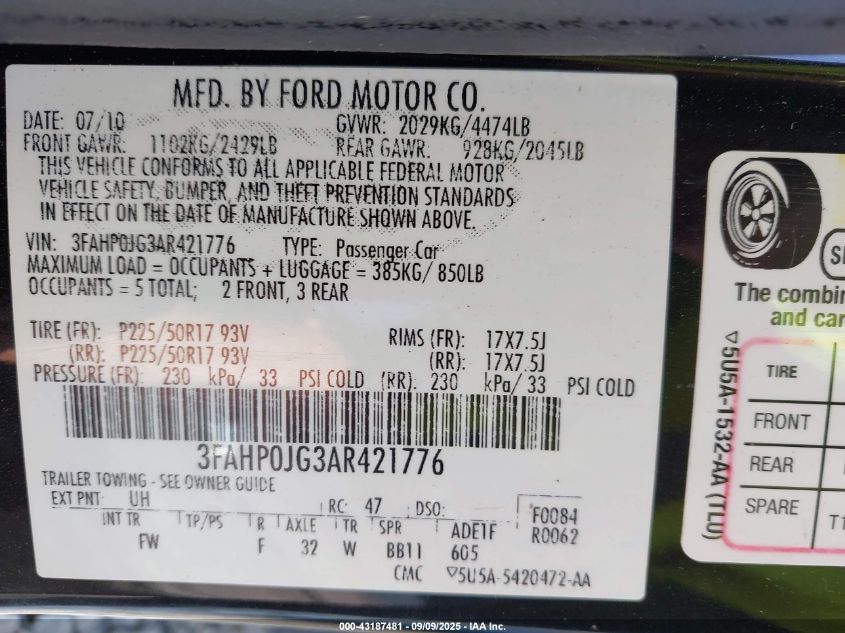 2010 Ford Fusion Sel VIN: 3FAHP0JG3AR4AR217 Lot: 43187481