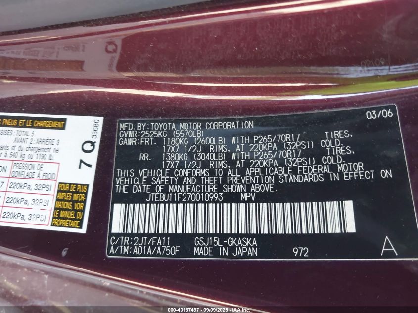 2007 Toyota Fj Cruiser VIN: JTEBU11F270010993 Lot: 43187497