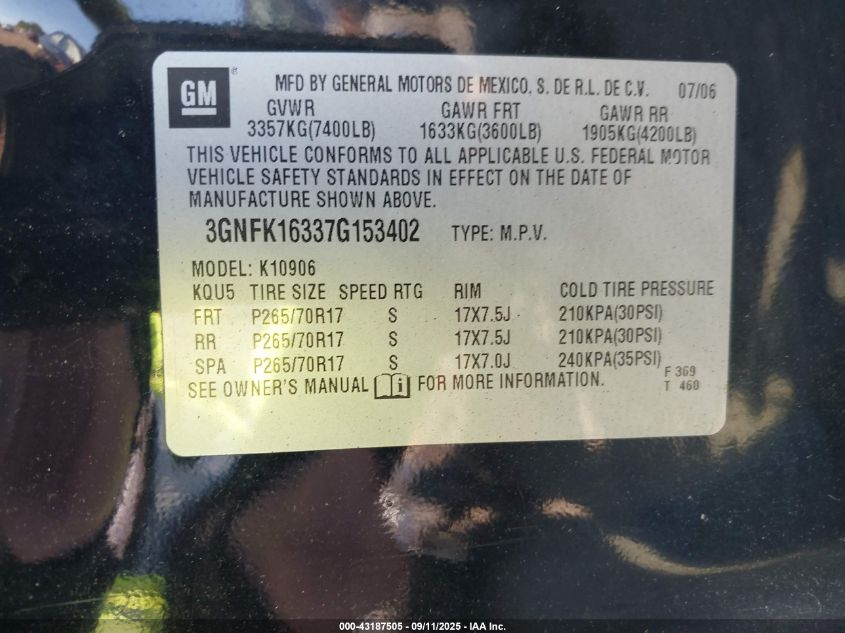 2007 Chevrolet Suburban 1500 Lt VIN: 3GNFK16337G153402 Lot: 43187505