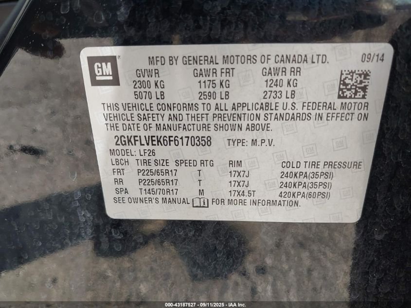 2015 GMC Terrain Sle-1 VIN: 2GKFLVEK6F6170358 Lot: 43187527