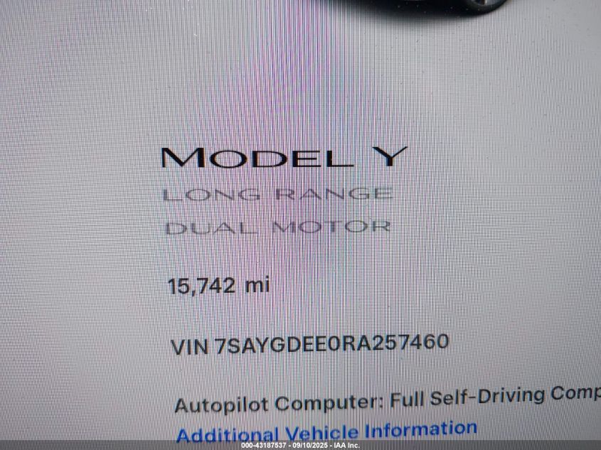 2024 Tesla Model Y Long Range Dual Motor All-Wheel Drive VIN: 7SAYGDEE0RA257460 Lot: 43187537