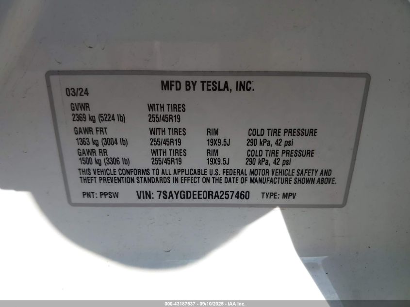 2024 Tesla Model Y Long Range Dual Motor All-Wheel Drive VIN: 7SAYGDEE0RA257460 Lot: 43187537