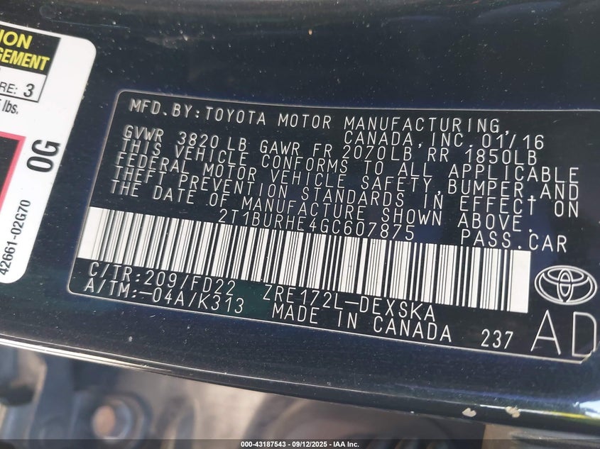 2016 Toyota Corolla S VIN: 2T1BURHE4GC607875 Lot: 43187543