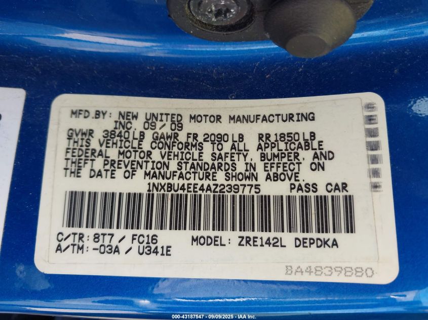 2010 Toyota Corolla Le VIN: 1NXBU4EE4AZ239775 Lot: 43187547