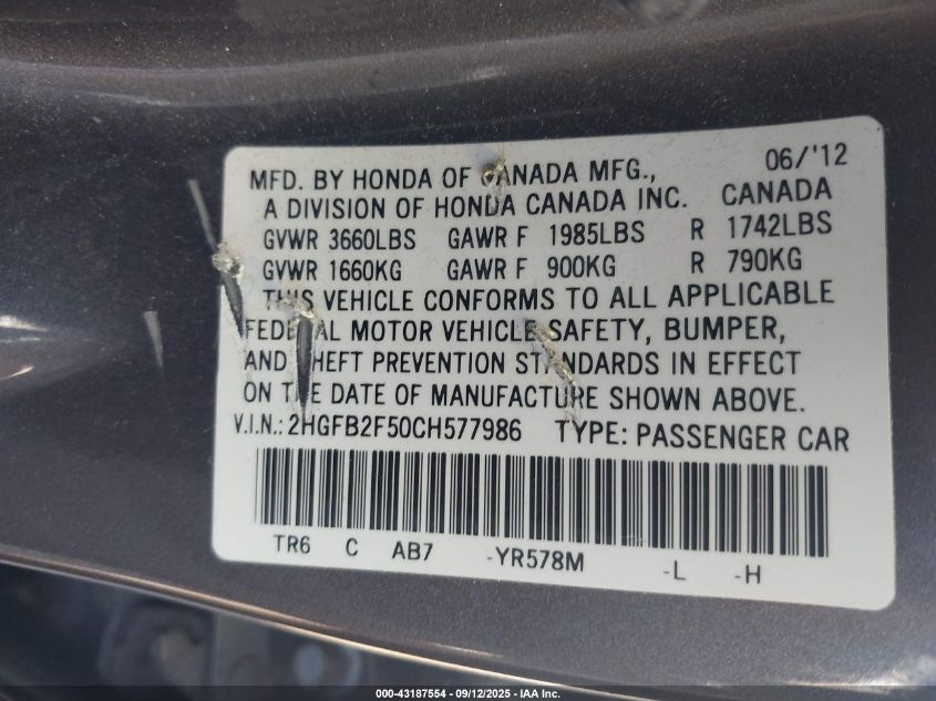 2012 Honda Civic Lx VIN: 2HGFB2F50CH577986 Lot: 43187554