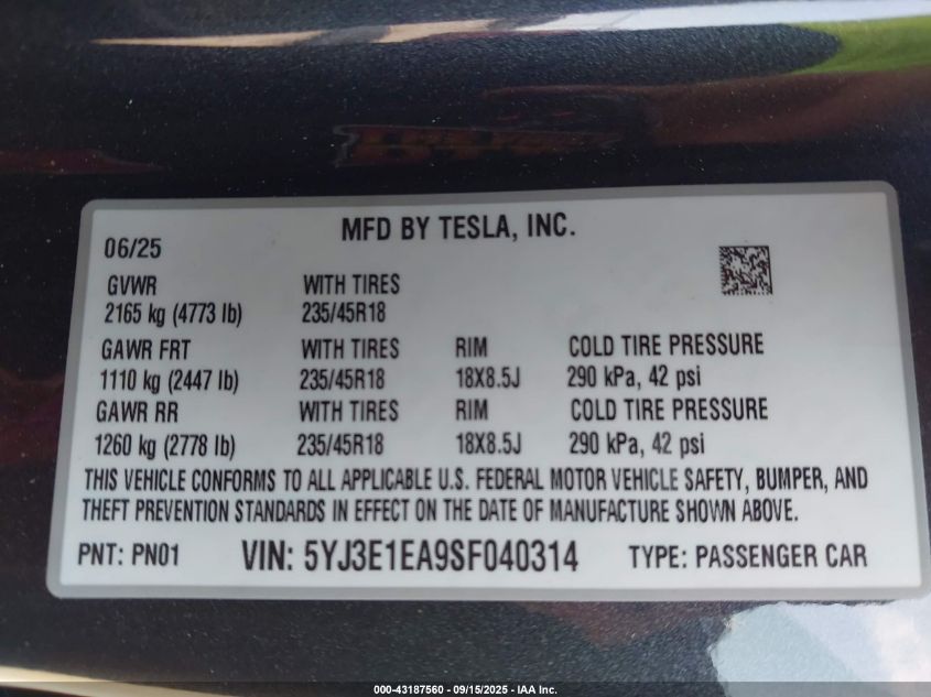 2025 Tesla Model 3 Long Range Rear-Wheel Drive VIN: 5YJ3E1EA9SF040314 Lot: 43187560