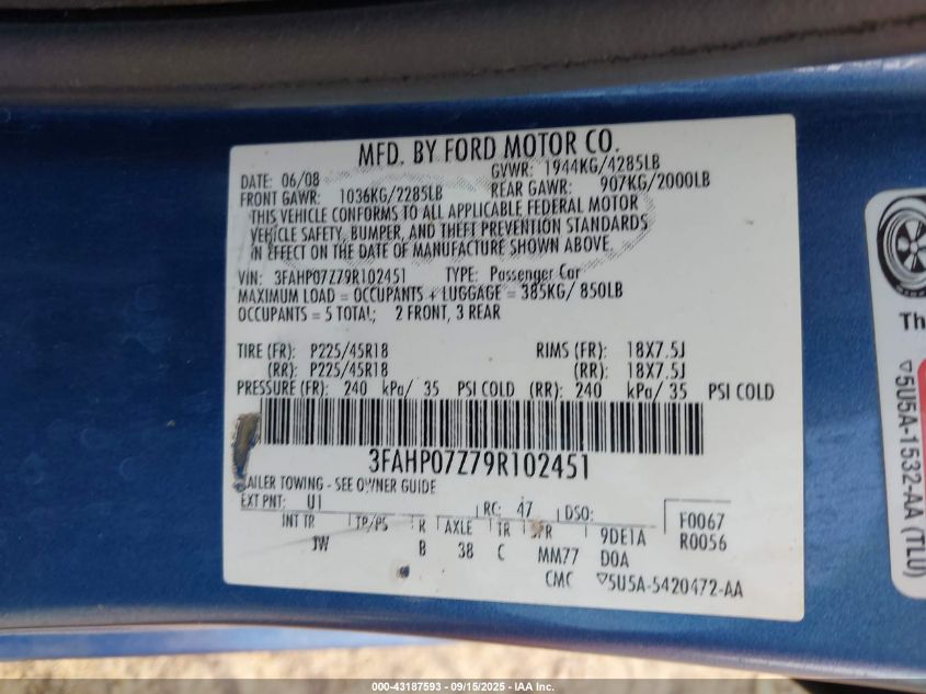 2009 Ford Fusion Se VIN: 3FAHP07Z79R102451 Lot: 43187593