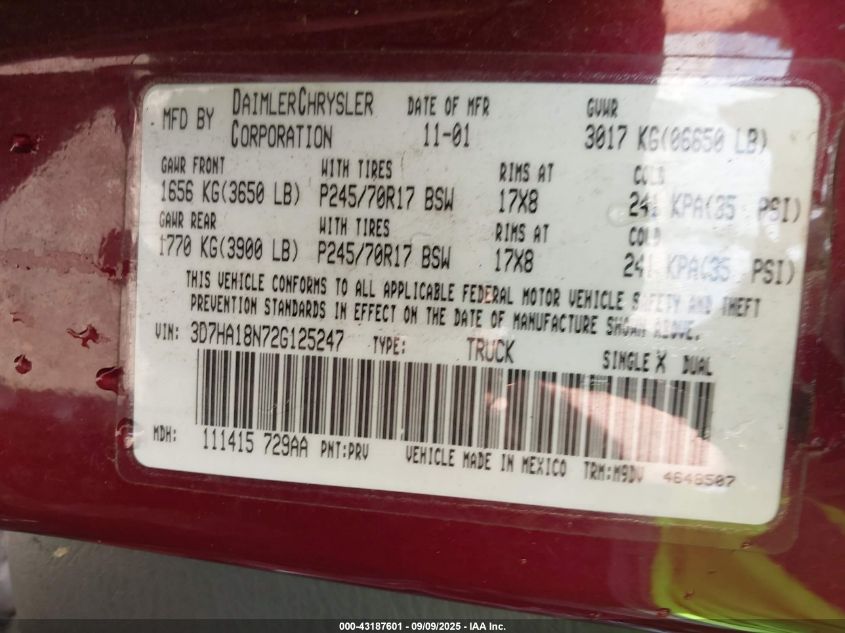 2002 Dodge Ram 1500 St VIN: 3D7HA18N72G125247 Lot: 43187601
