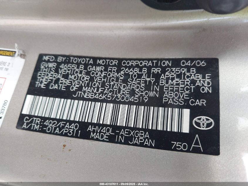 2007 Toyota Camry Hybrid VIN: JTNBB46K573004519 Lot: 43187611