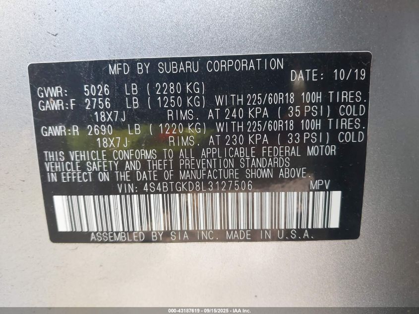 2020 Subaru Outback Onyx Edition Xt VIN: 4S4BTGKD8L3127506 Lot: 43187619