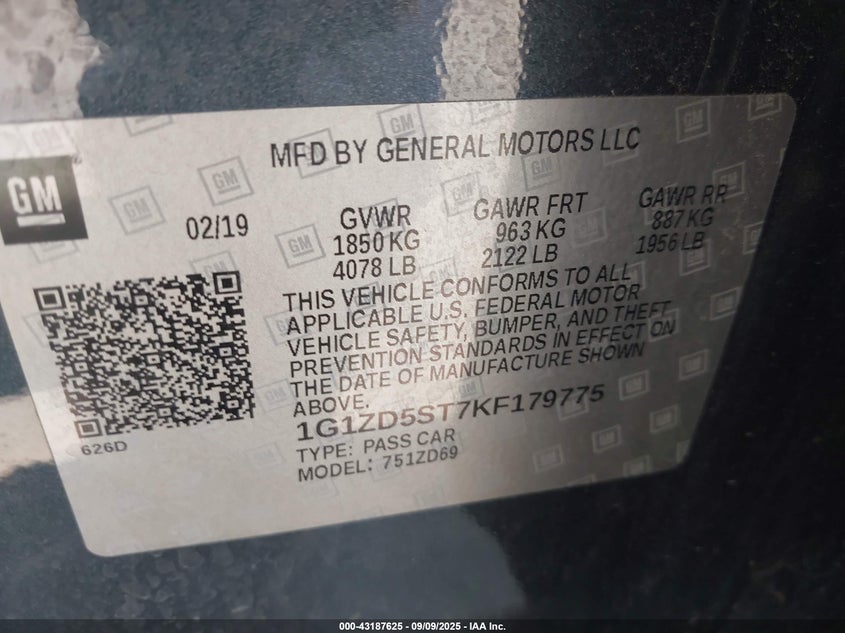 2019 Chevrolet Malibu Lt VIN: 1G1ZD5ST7KF179775 Lot: 43187625