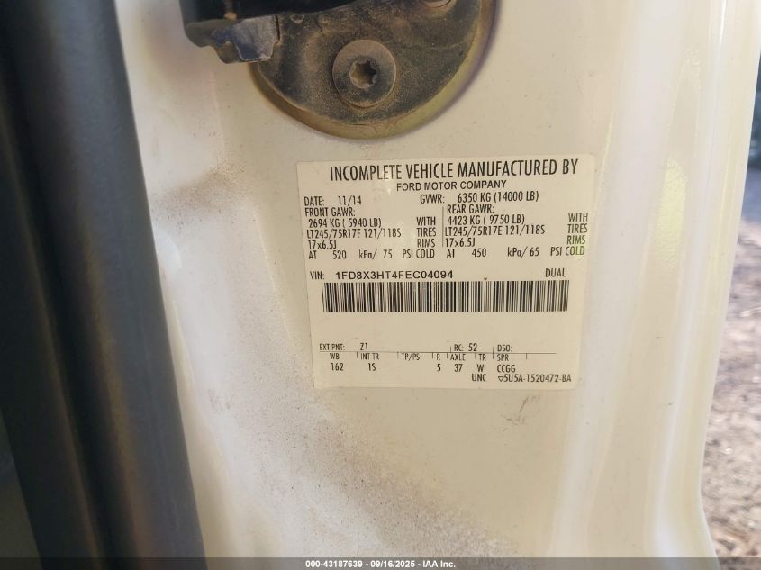 2015 Ford F-350 Chassis Xl VIN: 1FD8X3HT4FEC04094 Lot: 43187639