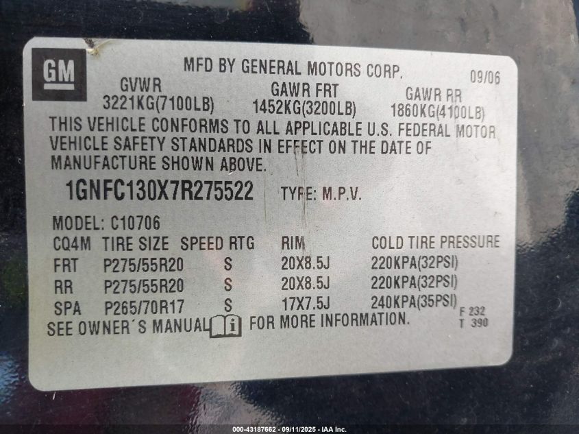 2007 Chevrolet Tahoe Ltz VIN: 1GNFC130X7R275522 Lot: 43187662