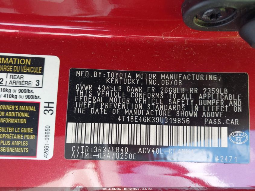 2009 Toyota Camry Le VIN: 4T1BE46K39U319856 Lot: 43187667