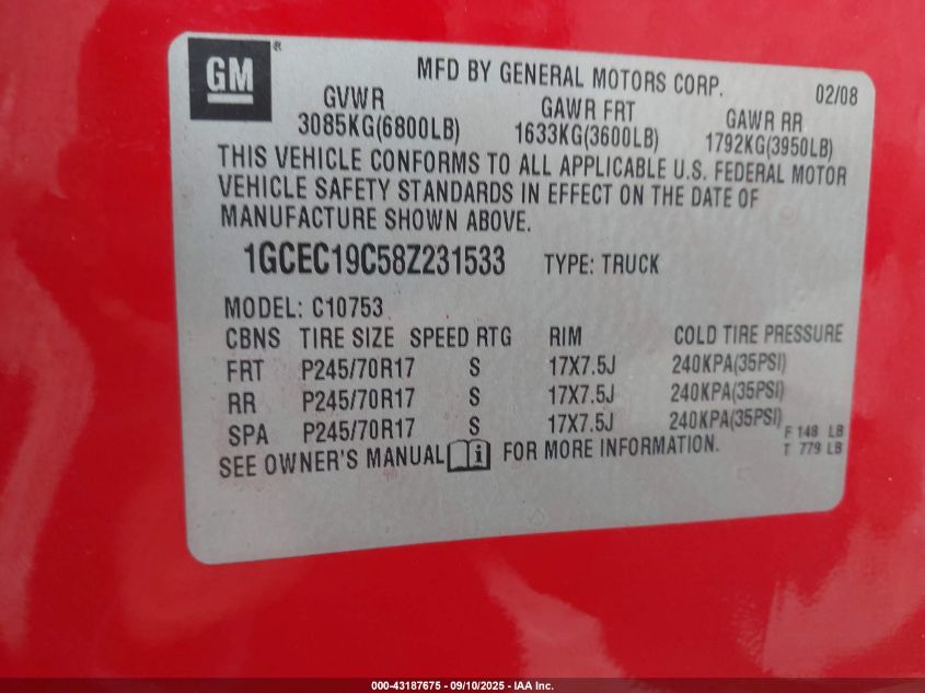 2008 Chevrolet Silverado 1500 Lt1 VIN: 1GCEC19C58Z231533 Lot: 43187675