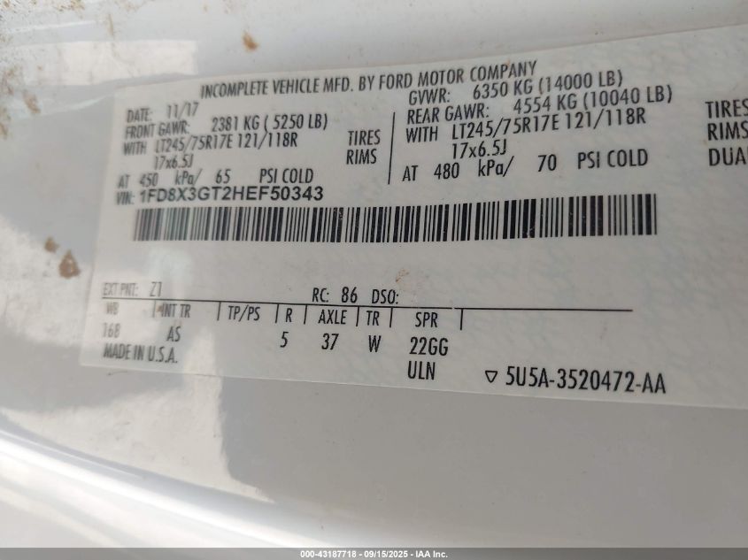 2017 Ford F-350 Chassis Xl VIN: 1FD8X3GT2HEF50343 Lot: 43187718