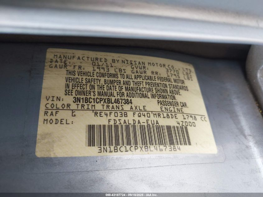 2011 Nissan Versa 1.8S VIN: 3N1BC1CPXBL467384 Lot: 43187724