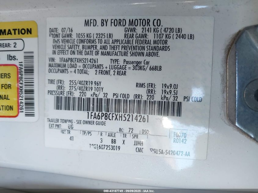 2017 Ford Mustang Gt Premium VIN: 1FA6P8CFXH5214261 Lot: 43187749