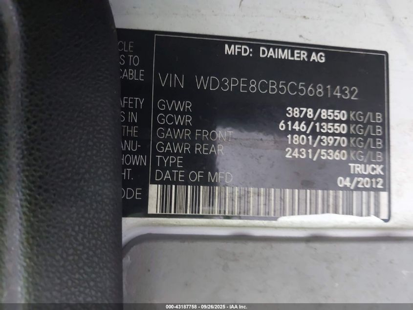 2012 Mercedes-Benz Sprinter 2500 High Roof VIN: WD3PE8CB5C5681432 Lot: 43187758