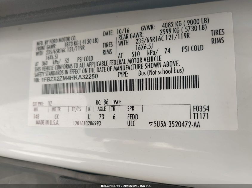 2017 Ford Transit-350 Xl VIN: 1FBZX2ZM4HKA32250 Lot: 43187759