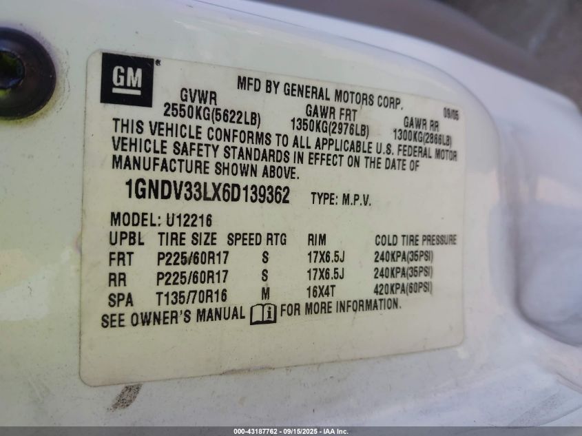 2006 Chevrolet Uplander Lt VIN: 1GNDV33LX6D139362 Lot: 43187762