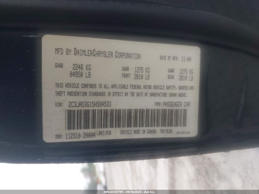2005 Chrysler 300 Touring VIN: 2C3JA53G15H594533 Lot: 43187791