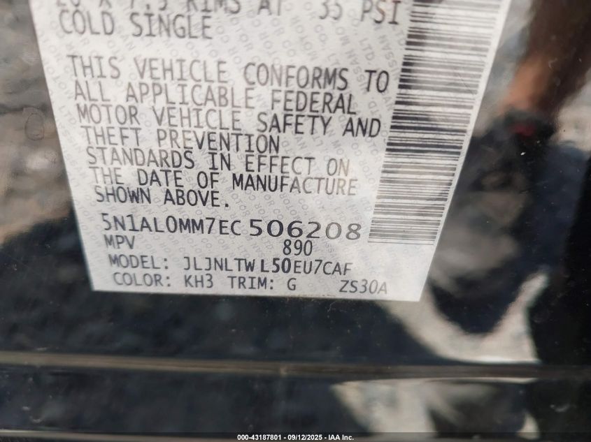 2014 Infiniti Qx60 VIN: 5N1AL0MM7EC506208 Lot: 43187801