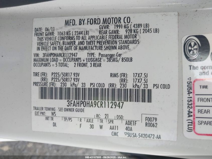 2012 Ford Fusion Se VIN: 3FAHP0HA9CR112947 Lot: 43187805