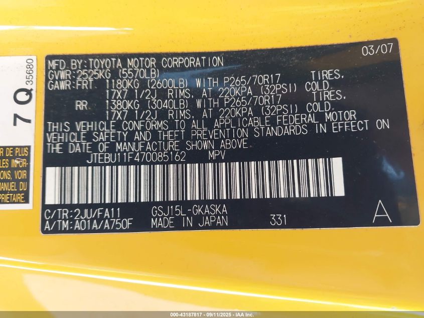 2007 Toyota Fj Cruiser VIN: JTEBU11F470085162 Lot: 43187817