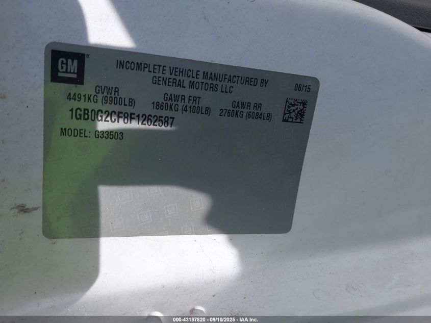 2015 Chevrolet Express Cutaway 3500 VIN: 1GB0G2CF8F1262587 Lot: 43187820