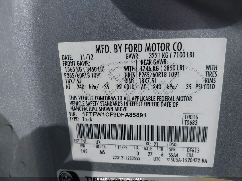 2013 Ford F-150 Xlt VIN: 1FTFW1CF9DFA85891 Lot: 43187833